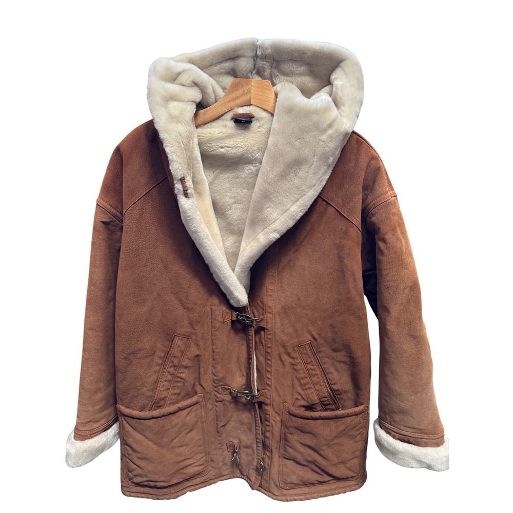GALLERY Men's Genuine Leather Shearling Lined Hooded Duffle‎ Coat Size M